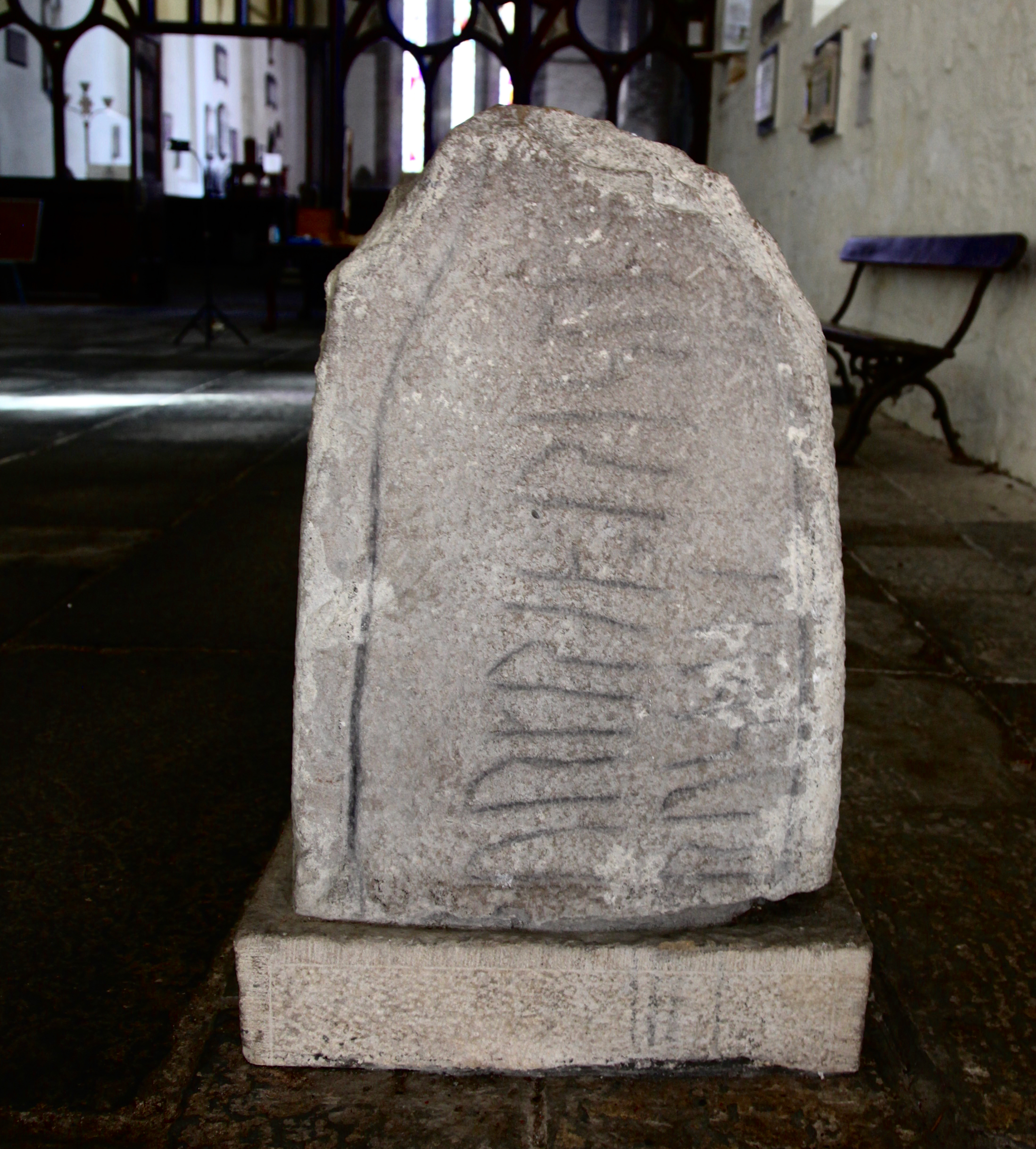 Ogham stone front St. Flannan's Cathedral