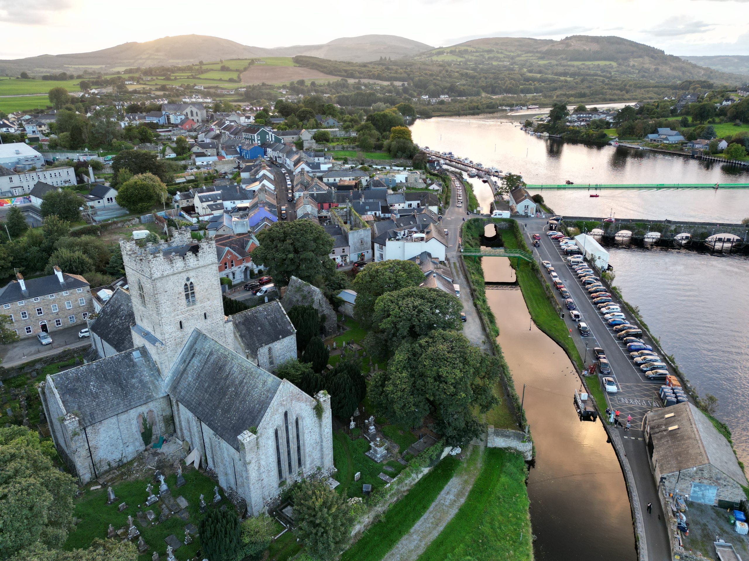 St Flannan's Cathedral Arial Shot Up River